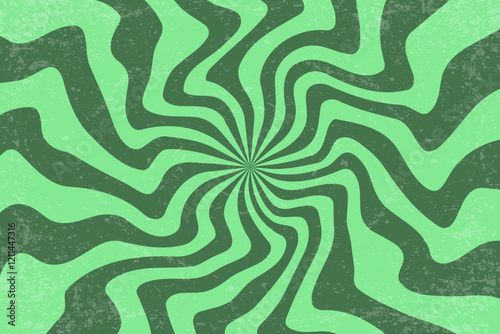 Spiral retro background with psychedelic swirl pattern. Vector groovy sun rays with vintage texture. Abstract twirl 70s green bg with wavy stripes. Summer funky hypnotic poster.
