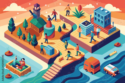 People flee their homeland, navigating diverse terrain and engaging in activities across a vibrant landscape, Fleeing their homeland Customizable Isometric Illustration