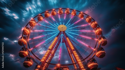Illuminated Ferris wheel at night, amusement park, dramatic sky, entertainment