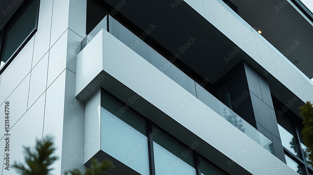 Modern Architectural Design: Sleek Building Exterior with Glass Balcony. Contemporary urban facade, geometric lines, and metal panels create a stunning residential structure. Modern Architectural Design: Sleek Building Exterior with Glass Balcony. Contemporary urban facade, geometric lines, and metal panels create a stunning residential structure.