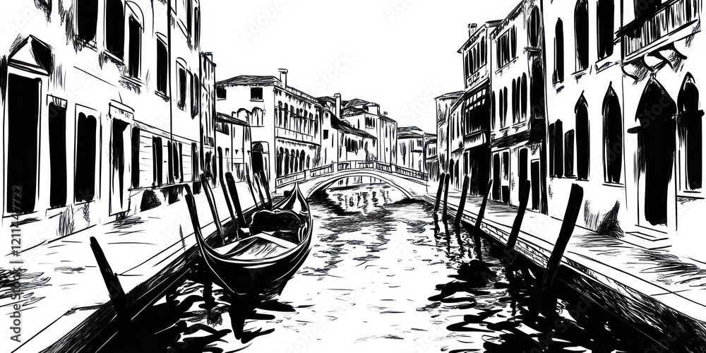 Fototapeta premium Venetian Canal Gondola Scene Black And White Sketch