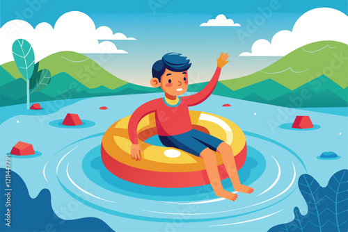 A boy leisurely floats on a bright inner tube in tranquil water, waving cheerfully under a clear sky Floating in water Customizable Disproportionate Illustration