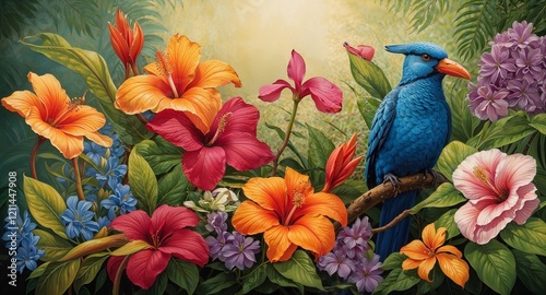 A vibrant tropical scene with colorful flowers and a blue bird perched on a tree branch in a garden photo