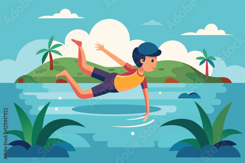 A child happily plays in water, surrounded by greenery and small islands under a bright sky Floating in water Customizable Semi Flat Illustration