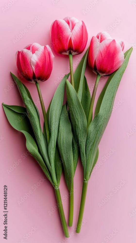 Spring floral flat lay with peonies and tulips on pink gradient background Spring floral flat lay with peonies and tulips on pink gradient background