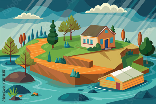 A rural area experiences flooding with a submerged house and boat surrounded by turbulent waters Flood Customizable Semi Flat Illustration