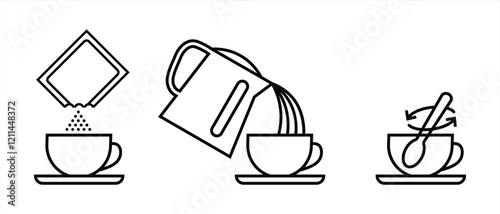 Step brewing instant powder for drink such as collagen, instant tea, cocoa, coffee, milk, outline design illustration