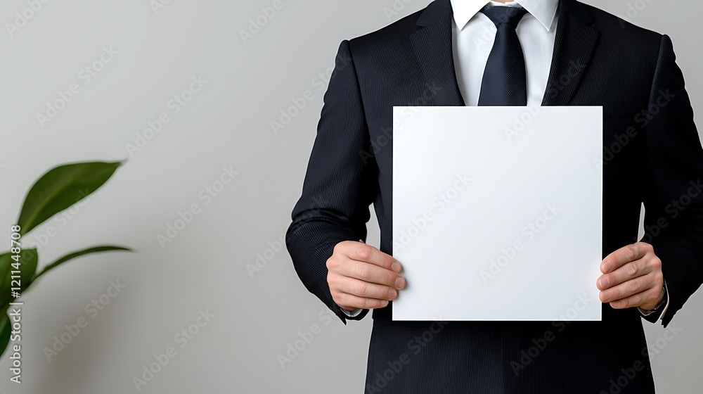 Businessman in Suit Holding Blank White Sign Businessman in Suit Holding Blank White Sign