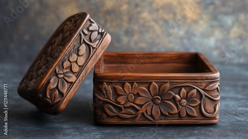 Carved wooden boxes, floral design, dark background, studio shot, home decor photo