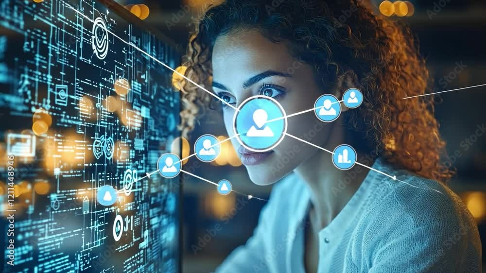Cybersecurity Analyst at Work: A focused young woman, a cybersecurity analyst, intensely studies a large monitor displaying complex data streams and network connections.