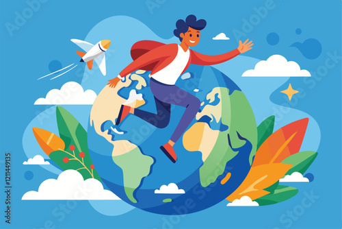 A traveler joyfully explores the world using a rocket pack, surrounded by nature and colorful landscapes Flying around the world Customizable Flat Illustration