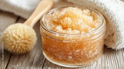 Honey sugar scrub jar, wooden table, body brush, towel, spa treatment