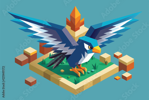 A blue bird soars above a grassy platform featuring crystals and blocks in an imaginative setting Flying bird Customizable Isometric Illustration