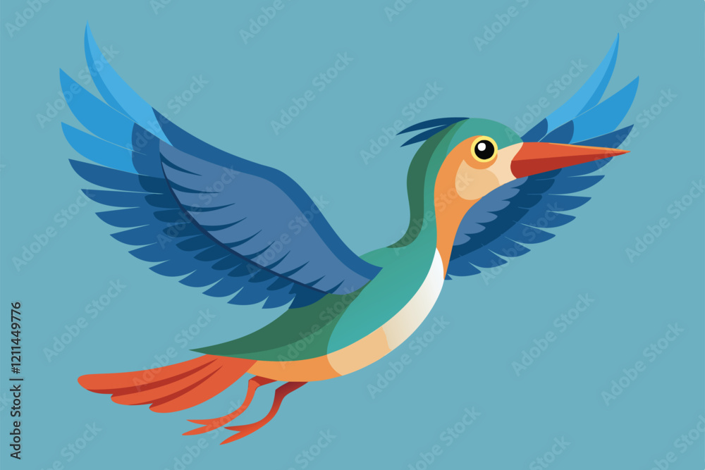 Obraz premium A vivid bird soars gracefully through a clear blue sky with elegantly spread wings Flying bird Customizable Semi Flat Illustration
