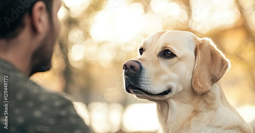 Pet health idea. A golden retriever gazes lovingly at its owner in a serene outdoor setting.