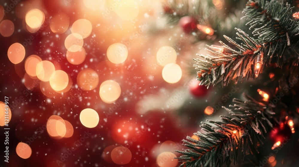 Scarlet background with white snowflakes and warm amber bokeh Scarlet background with white snowflakes and warm amber bokeh