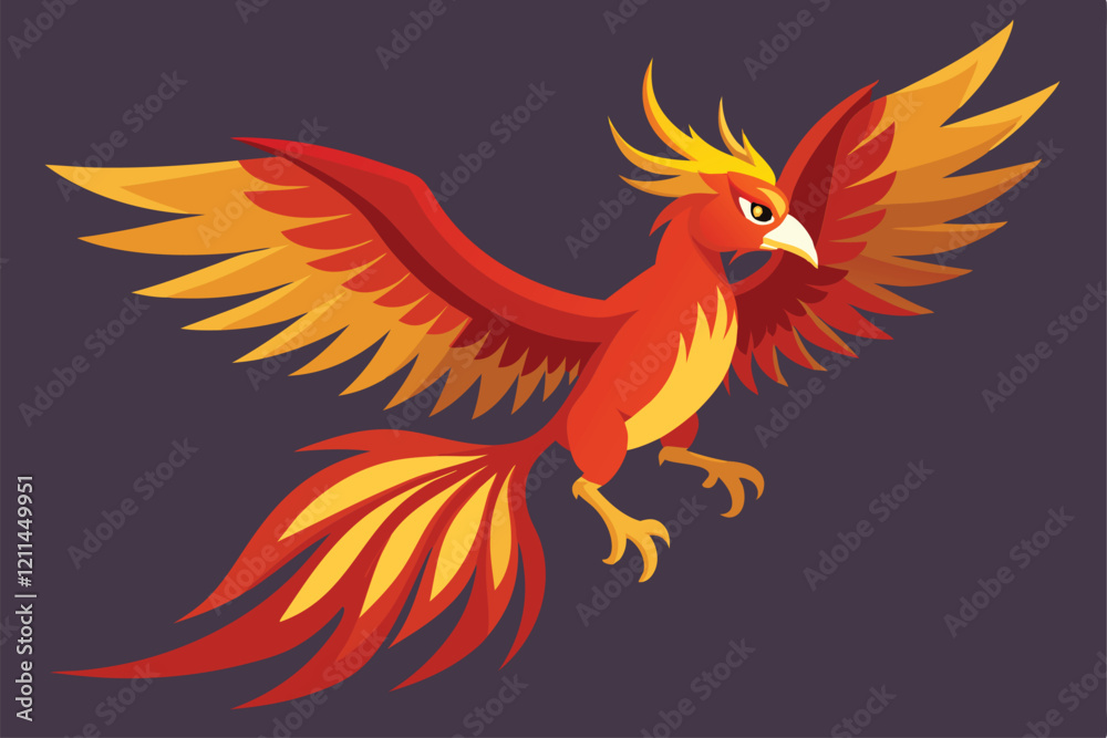 Obraz premium A vibrant phoenix flies gracefully, showcasing its stunning plumage against a twilight backdrop Flying phoenix Customizable Flat Illustration