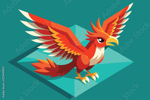 A colorful phoenix soars gracefully with outstretched wings against a teal background Flying phoenix Customizable Isometric Illustration