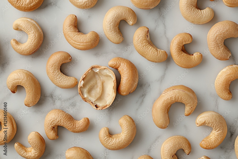 Cashew nuts scattered on marble surface. Cashew nuts scattered on marble surface.