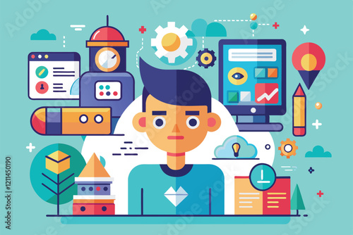 A young person is engaged with various creative technologies in a vibrant workspace filled with ideas Focus Customizable Flat Illustration