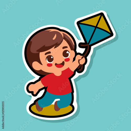 Fun and Cheerful Sticker of a Kid's Kite Floating in the Clouds