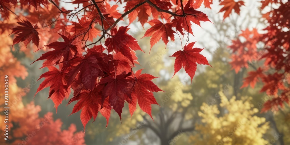 A cluster of ripe red maple leaves hang from a branch amidst autumn hues, trees in autumn, outdoor scenes A cluster of ripe red maple leaves hang from a branch amidst autumn hues, trees in autumn, outdoor scenes