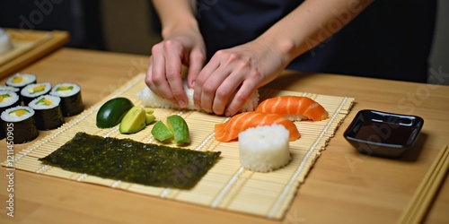 Close-Up of Sushi Roll Preparation with Fresh Salmon, Avocado, and Bamboo Mat photo