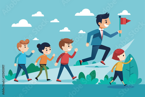 A group of individuals cheerfully follows a leader waving a flag in a vibrant outdoor environment Follow the leader Customizable Flat Illustration