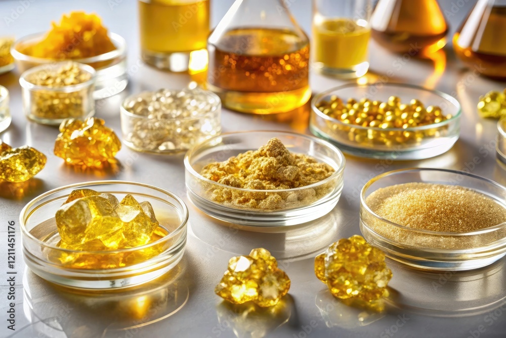 A collection of golden slime and various minerals in a laboratory setting, lab equipment, geology, chemical analysis, minerals A collection of golden slime and various minerals in a laboratory setting, lab equipment, geology, chemical analysis, minerals