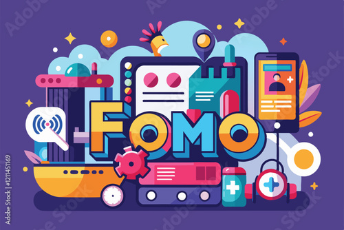 A colorful illustration showcasing the idea of FOMO with technology and social media symbols Fomo Customizable Flat Illustration