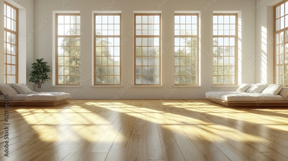 Serene Minimalist Room with Sunlight Streaming Through Large Windows Serene Minimalist Room with Sunlight Streaming Through Large Windows