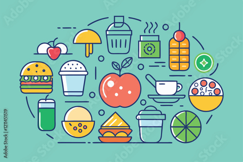 A variety of food items and drinks are illustrated in a vibrant, linear style showcasing different cuisines Food linear icons set,