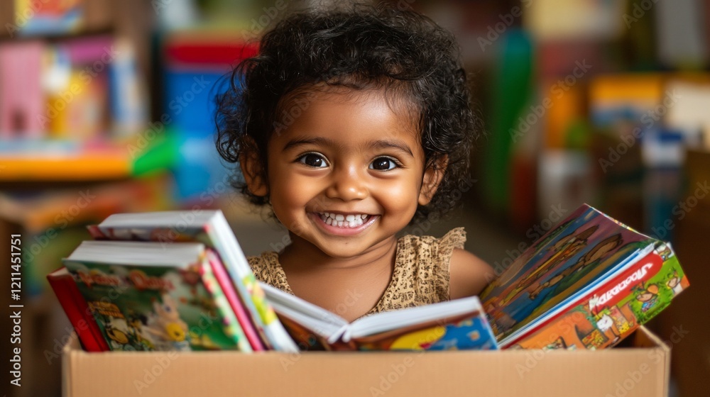 Happy toddler girl in book-filled box, library background, education Happy toddler girl in book-filled box, library background, education