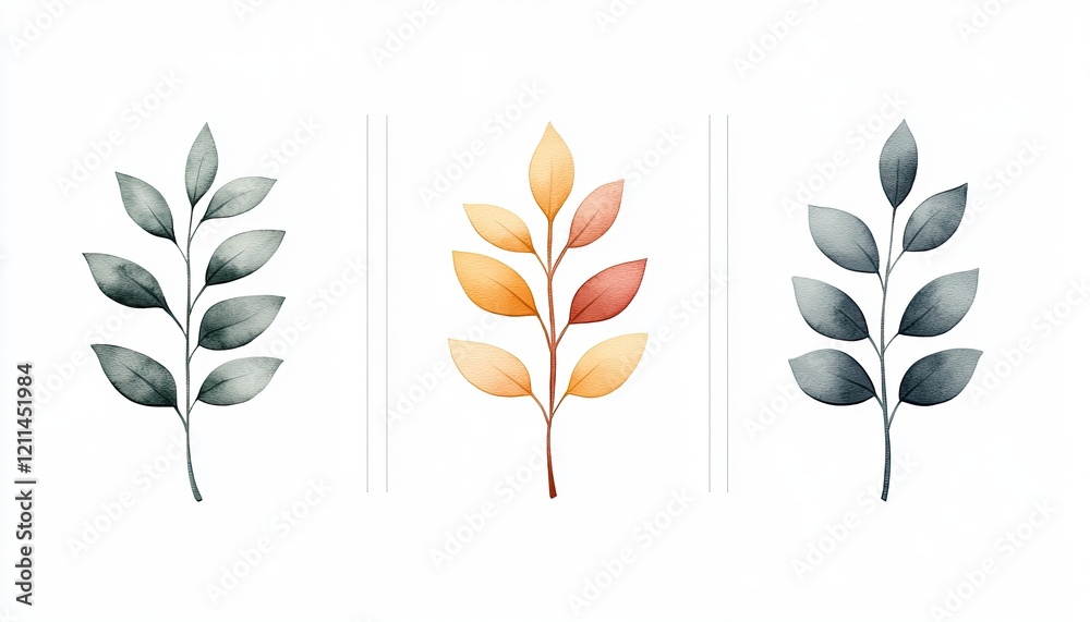 Elegant watercolor illustration of three distinct leaf branches showcasing varying colors and styles Elegant watercolor illustration of three distinct leaf branches showcasing varying colors and styles