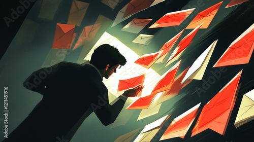 A stressed employee opening their inbox to find dozens of urgent emails with red flags.