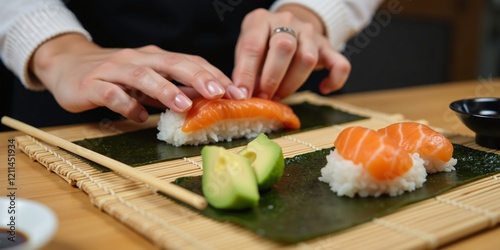 Close-Up of Sushi Roll Preparation with Fresh Salmon, Avocado, and Bamboo Mat photo