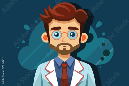 A forensic expert in a white coat looks thoughtfully against a dark, abstract backdrop Forensic expert Customizable Cartoon Illustration