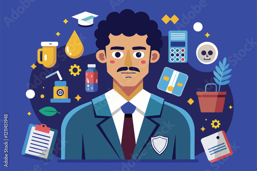 A forensic expert evaluates diverse evidence types surrounded by relevant tools and symbols Forensic expert Customizable Disproportionate Illustration