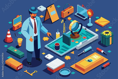 A forensic expert analyzes various tools and evidence in a vibrant, organized workspace Forensic expert Customizable Isometric Illustration