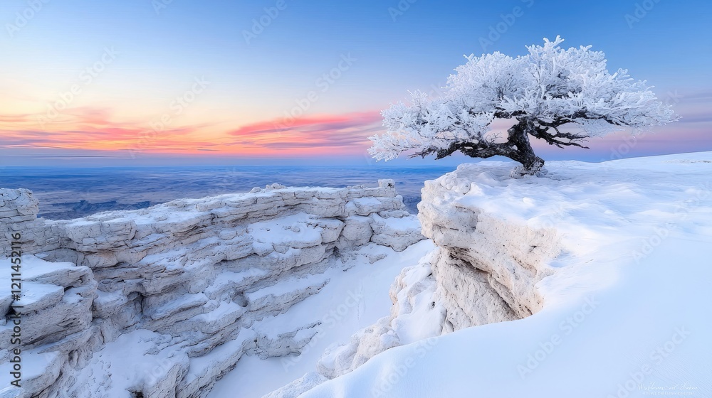 Frosty tree on snowy clifftop at sunrise, winter landscape, scenic vista, nature photography Frosty tree on snowy clifftop at sunrise, winter landscape, scenic vista, nature photography