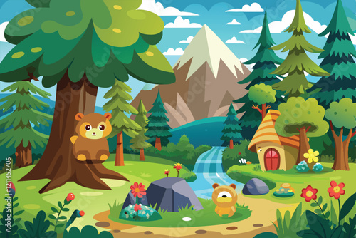 A bear and a raccoon explore a colorful forest near a cozy cottage and flowing stream Forest Customizable Cartoon Illustration