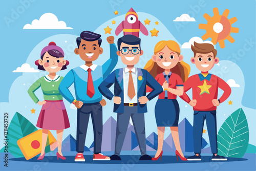 A group of enthusiastic leaders stands together, ready to innovate and inspire with their project launch Forming team leadership Customizable Cartoon Illustration