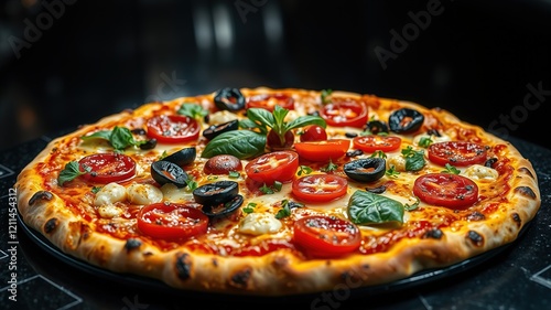 Delicious Assorted Pizza on Giant Black Pizza - Gourmet Food Photography