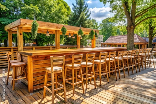 A large wooden bar dominates a sunny outdoor beer garden with multiple high-backed chairs, outdoor furniture, bartender counter photo