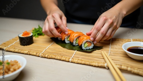 Close-Up of Sushi Roll Preparation with Fresh Salmon, Avocado, and Bamboo Mat photo