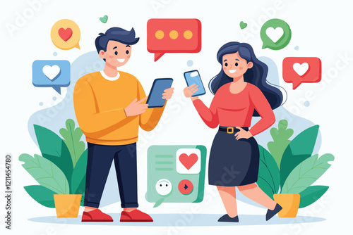 A young couple shares likes on their phones, surrounded by colorful speech bubbles and plants Found pair and couple, Hands give likes for young guys in messengers,