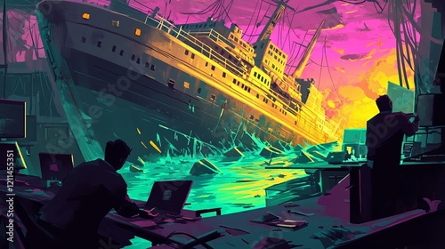 A toxic office environment depicted as a sinking ship with workers scrambling to stay afloat amid chaos.