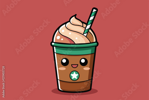 A cute cartoon frappuccino topped with whipped cream and a striped straw, ready to be enjoyed Frapp Customizable Cartoon Illustration