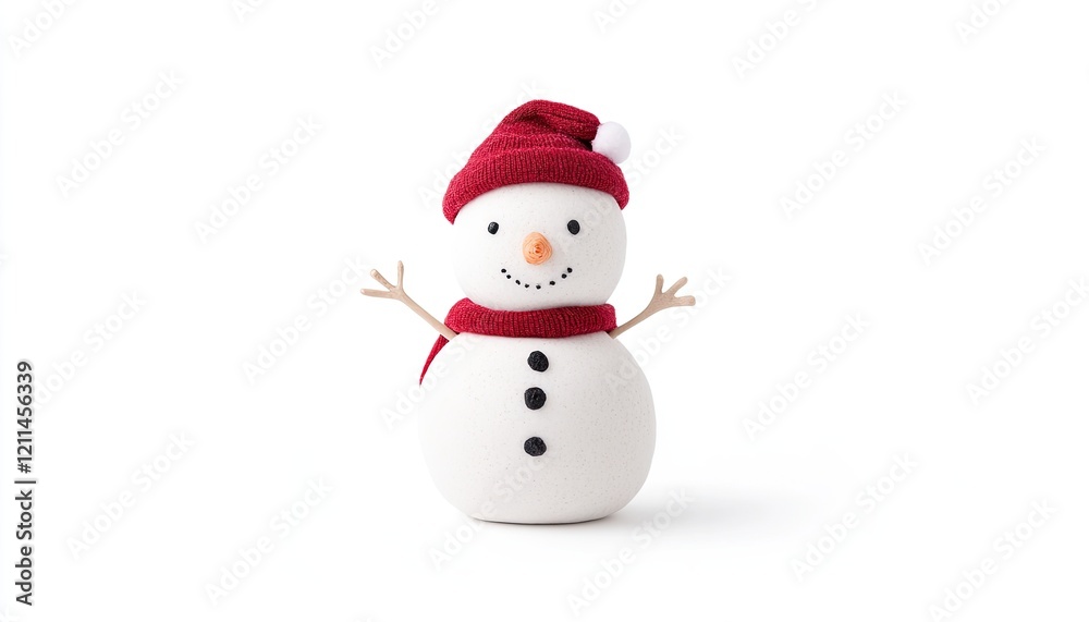 Cheerful snowman wearing a red hat and scarf, standing on a white background, evoking winter joy Cheerful snowman wearing a red hat and scarf, standing on a white background, evoking winter joy
