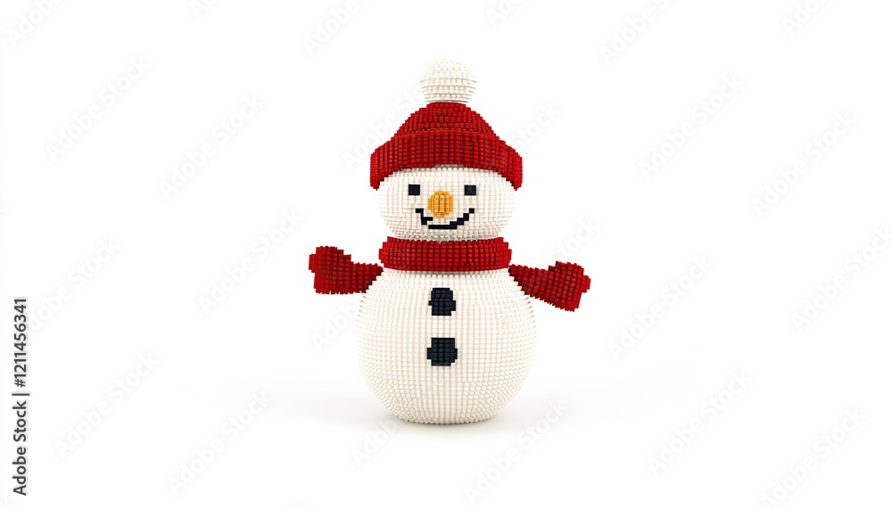 A cheerful knitted snowman wearing a red hat and scarf, set against a plain white background A cheerful knitted snowman wearing a red hat and scarf, set against a plain white background